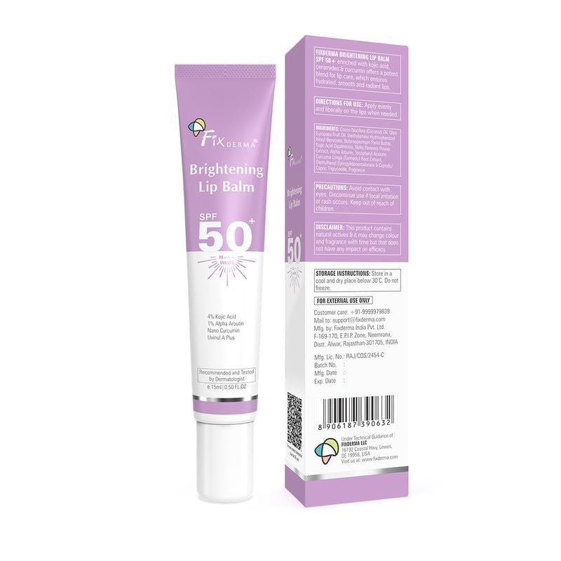 Fixderma Brightening Lip Balm With SPF 50 PA+++ for Pigmented & Dry Lips | 4% Kojic Acid, 1% Alpha Arbutin | Moisturizes, Hydrates & Brightens Pigmented Lips | For Men & Women - 15ml thumbnail
