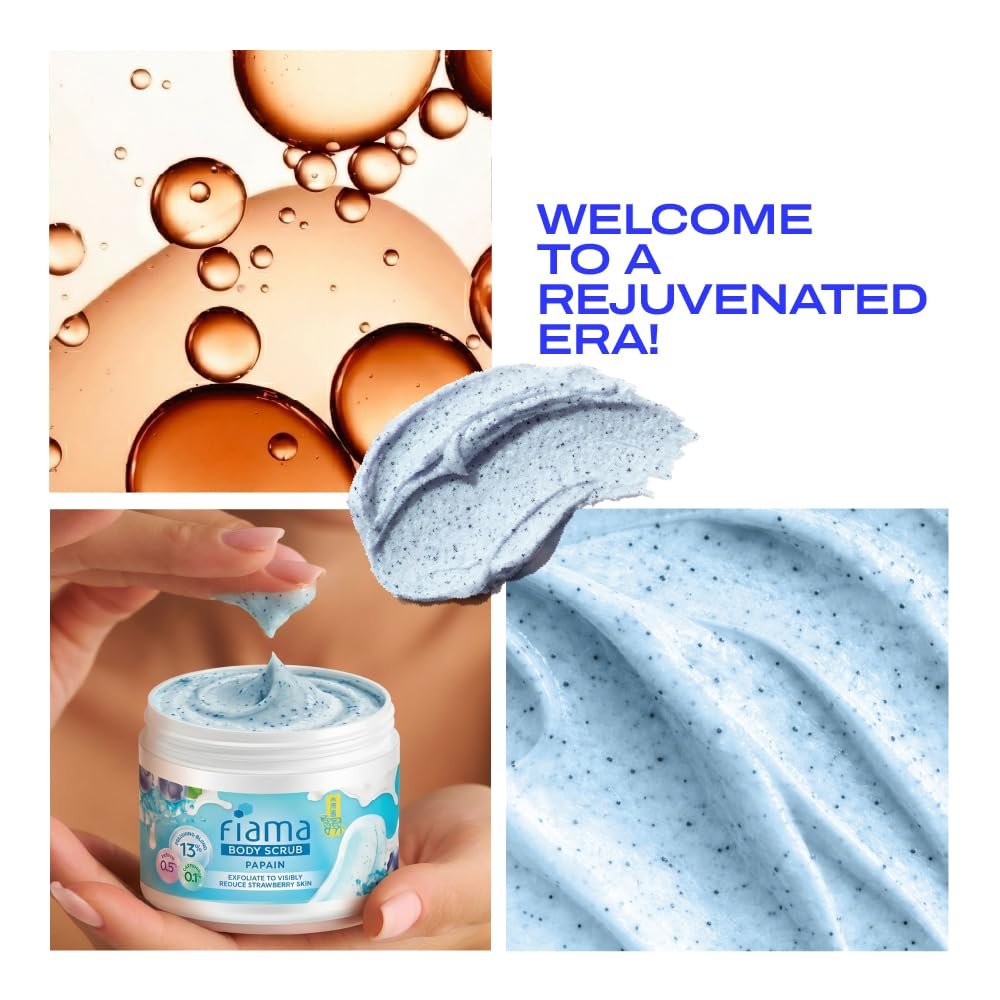 Fiama Strawberry Skin Exfoliating Body Scrub 200g, 0.5% Papain Enzyme + 0.1% Caffeine, Chemical + Physical Exfoliation, 13% Polishing Blend, Reduces Keratosis Pilaris, Refreshing Aqua Fragra thumbnail