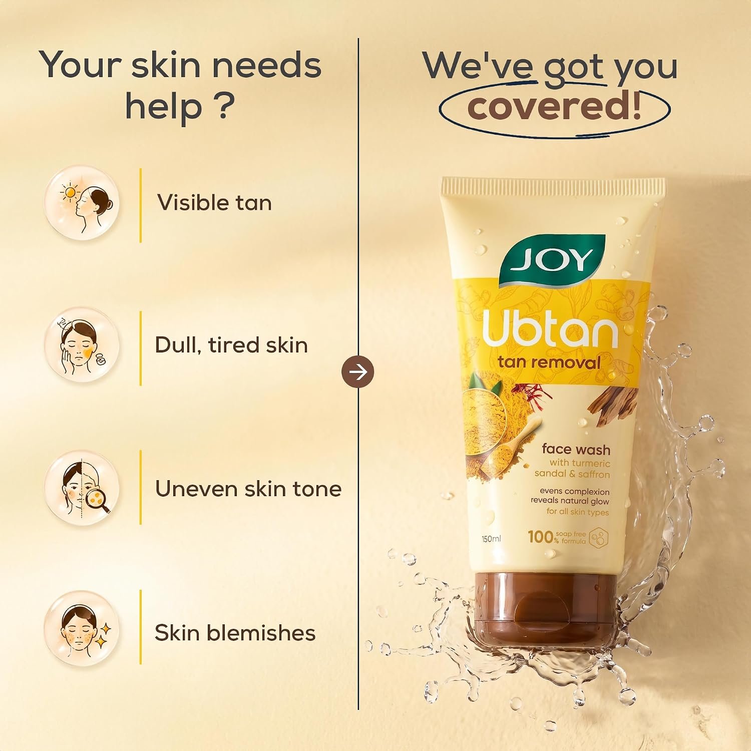 Joy Ubtan Tan Removal Face Wash 150ml | Detan Facewash | Brightens, Removes Dirt & Blemishes for a Natural Glowing Skin | Enriched With Turmeric, Saffron & Sandalwood | thumbnail