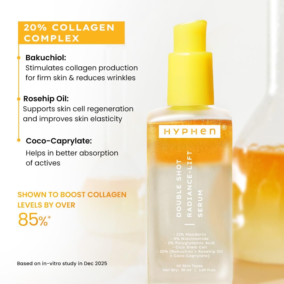 Hyphen 18% Brightening + 20% Collagen Face Serum | Double Shot Serum with 11% Mandarin 5% Niacinamide 2% PGA & Bakuchiol | Summer Skincare | Brightening, Hydrating & Collagen Boost | - 50ml thumbnail