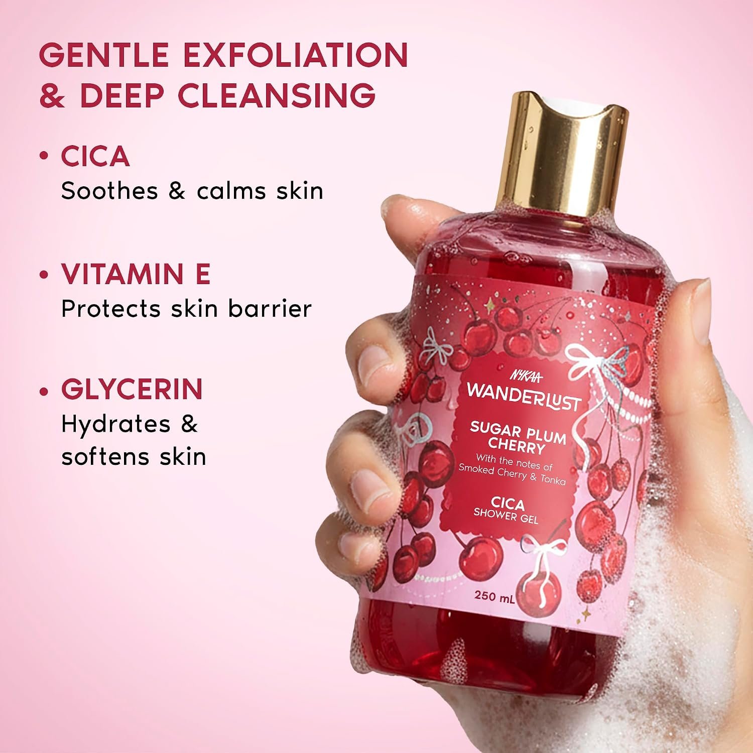 Nykaa Wanderlust Sugar Plum Cherry Perfume Brightening Body Wash, Cherry & Raspberry, with Cica, Glycerine & Vitamin E, Hydrating Shower Gel for Smooth & Soft Skin thumbnail