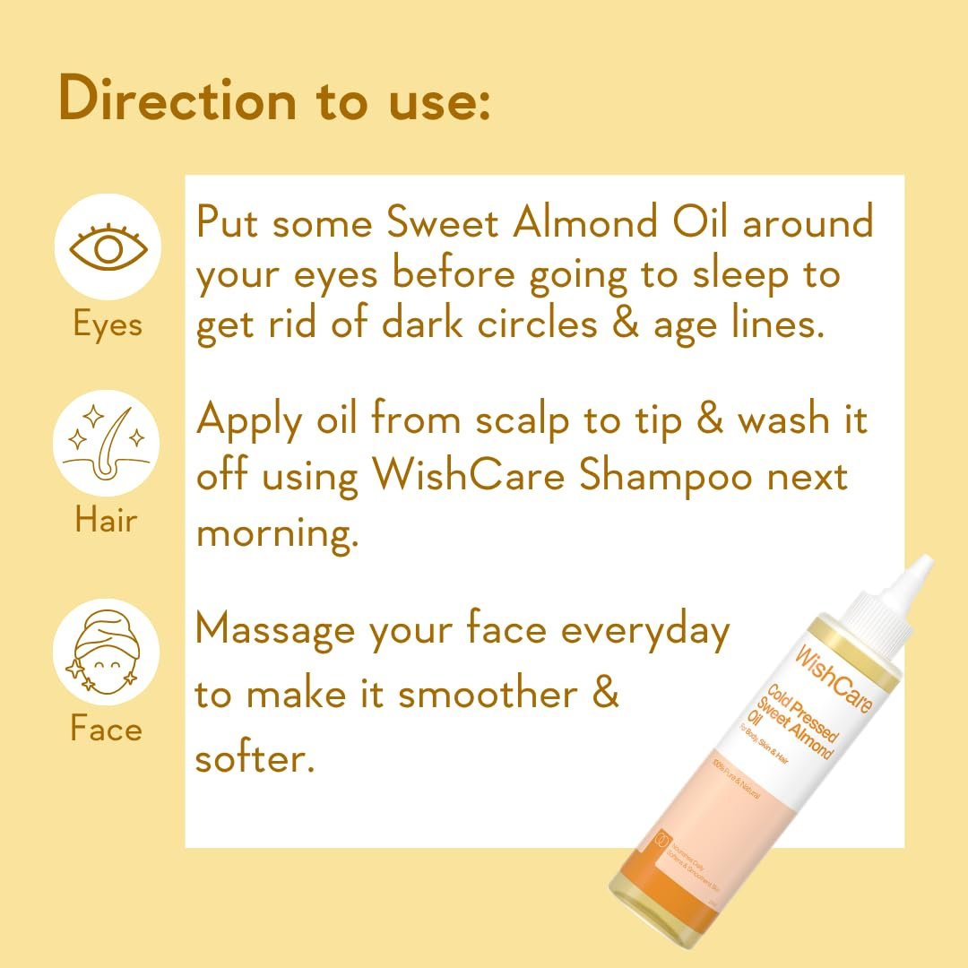 WishCare Pure Cold-Pressed Sweet Almond Oil | 100% Natural Almond Oil for Hair & Skin | Nourishes Hair & Moisturizes Skin for a Healthy, Radiant Look | 200ml thumbnail