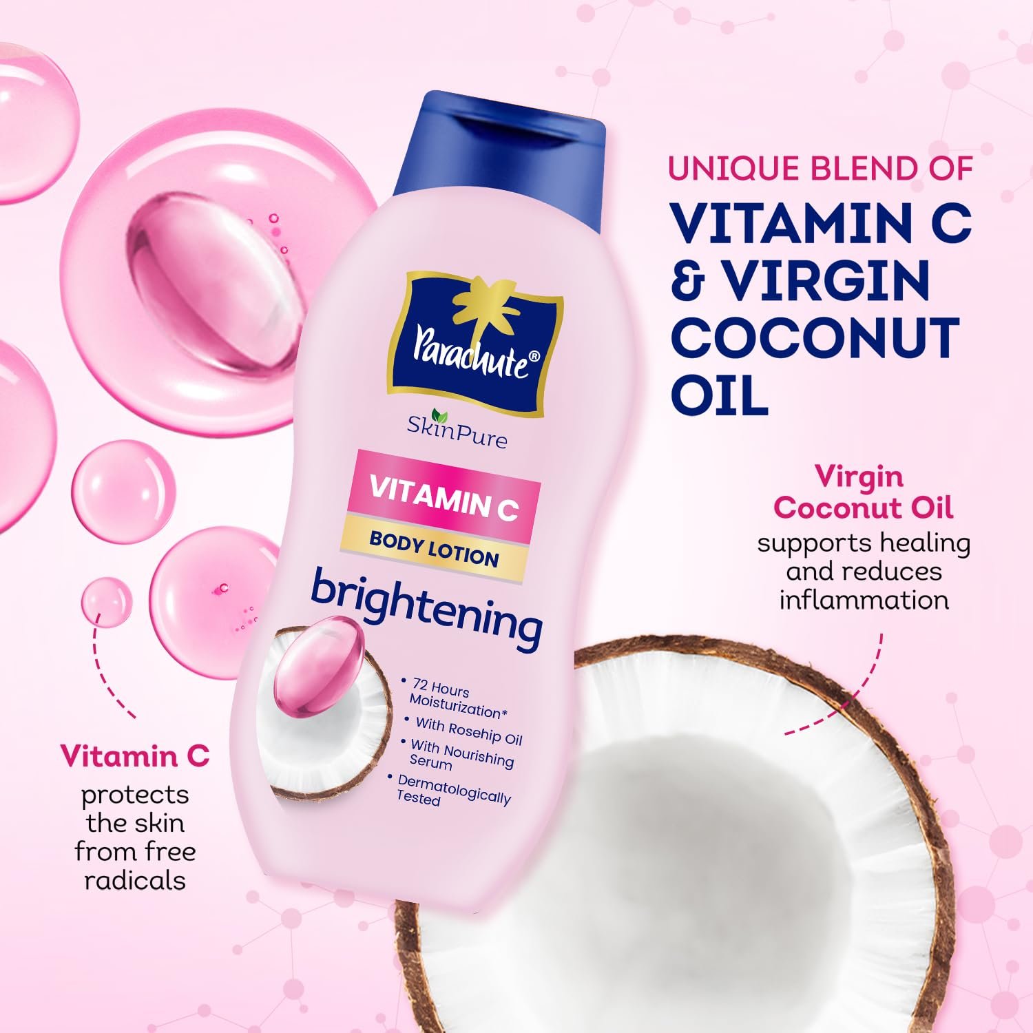 Parachute SkinPure Body Lotion with Vitamin C & Virgin Coconut Oil | Brightening Daily Moisturizer for Glowing Skin |  Safe for All Skin Types | 400 m thumbnail