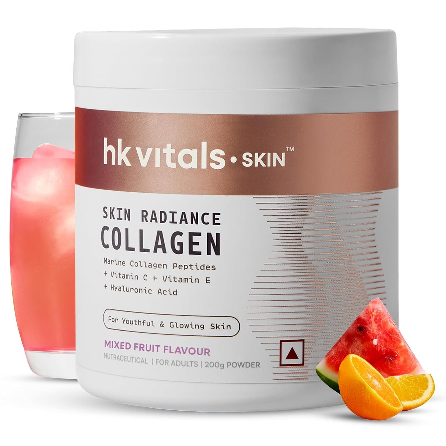 hk vitals Skin Radiance Marine Collagen Supplement Powder, Mixed Fruit,200g Collagen Peptides with Vitamin C, E | For Youthful & Glowing Skin