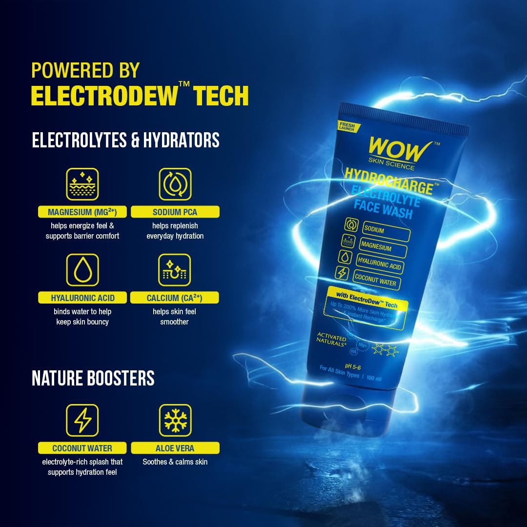 WOW Skin Science Hydrocharge™ Electrolyte Face Wash with ElectroDew™ Tech | India’s 1st Electrolyte Cleanser with Sodium, Magnesium, Hyaluronic Acid & Coconut Water | pH 5–6 | 100ml thumbnail