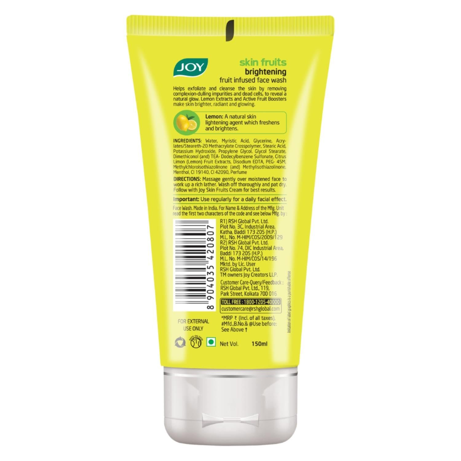 Joy Skin Fruits Lemon Brightening Face Wash 100ml | with Vitamin C for Glowing Skin | Reduces Dark Spots, Removes Excess Oil & Dirt | For Normal to Oily Skin thumbnail