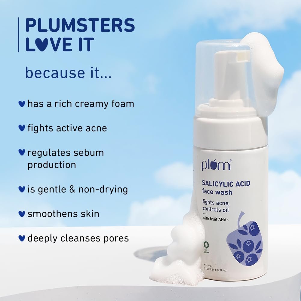 Plum 1% Encapsulated Salicylic Acid Foaming Face Wash | Fights Active Acne, controls oil & deep cleanses pores | 110ml thumbnail
