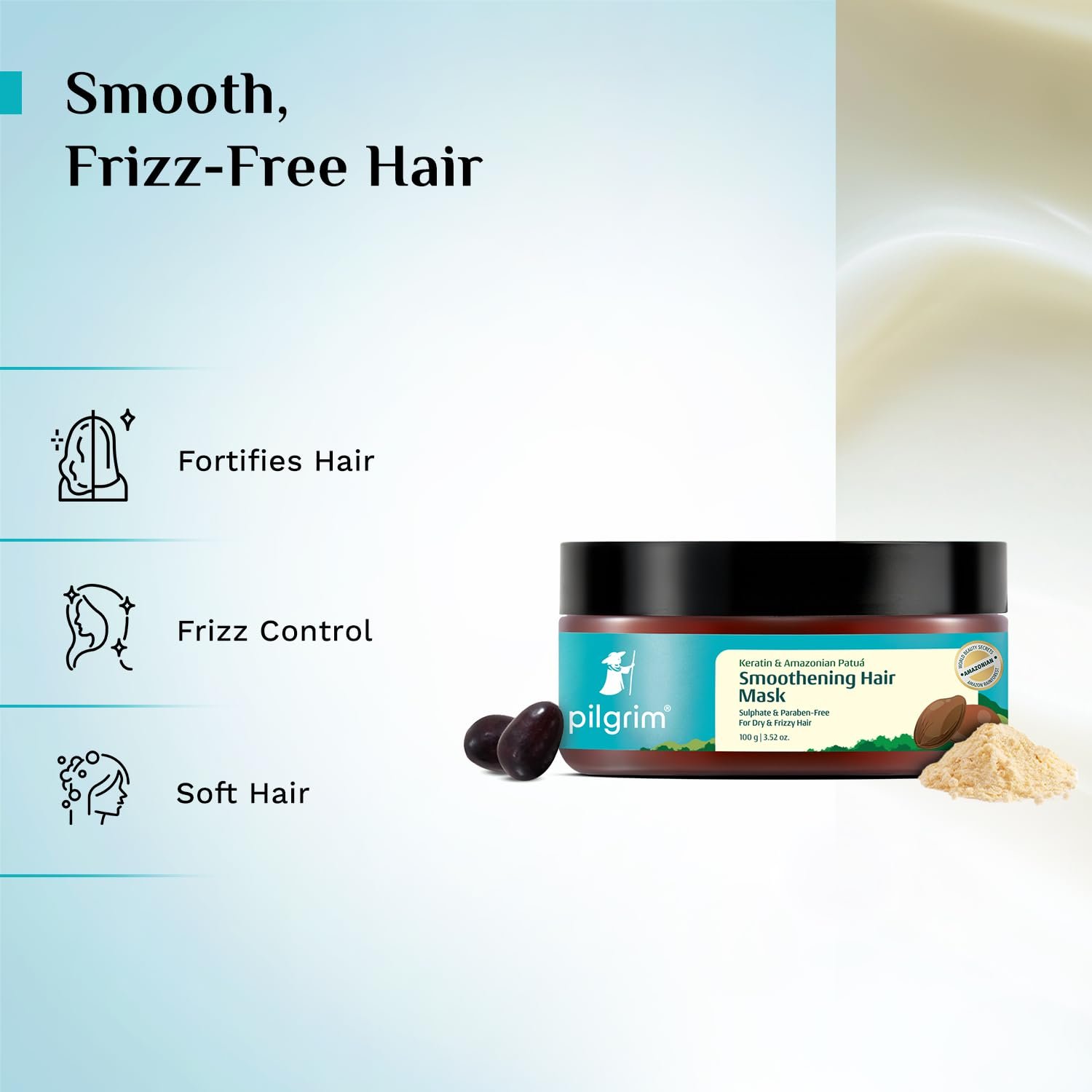 Pilgrim Patua & Keratin Smoothening Hair Mask for Dry & Frizzy Hair - 100ml Upto 72H Frizz Control, Intense Nourishment, Smooth Frizz Free Hair, Softens Damaged Hair, Silky & Shiny Hair thumbnail