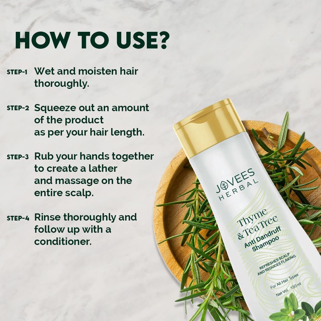 Jovees Herbal Thyme & Tea Tree Anti Dandruff Shampoo | With Tea Tree, Thyme & Lemon Extract | For All Hair Type | Prevents Dandruff & Dry Scalp | For Men & Women- 150ml thumbnail
