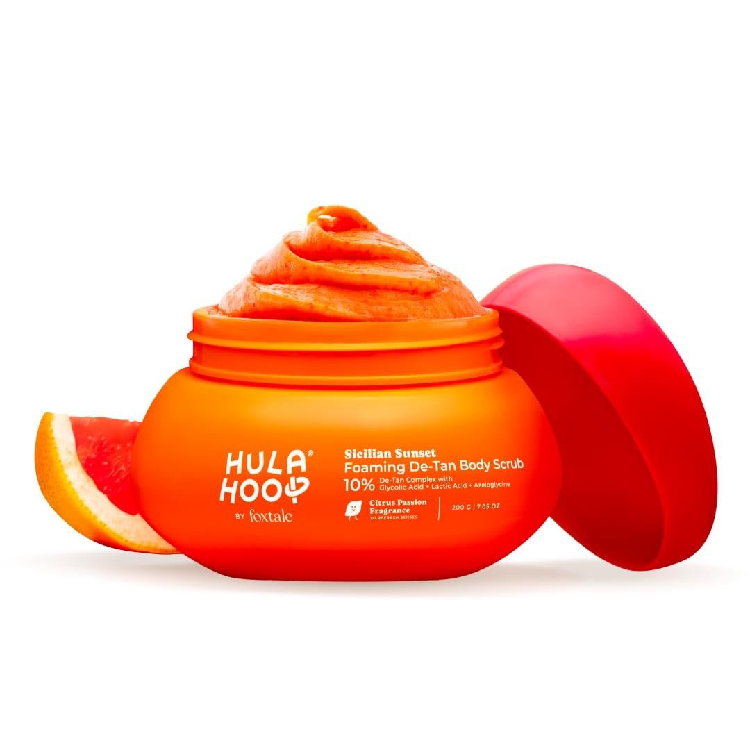 Hula Hoop Foaming 10% De-Tan Body Scrub by Foxtale | Tan Removal & Soft-Smooth Skin | 5% Glycolic Acid, Lactic Acid & Azeloglycine | For Women & Men | All Skin Types | 200g
