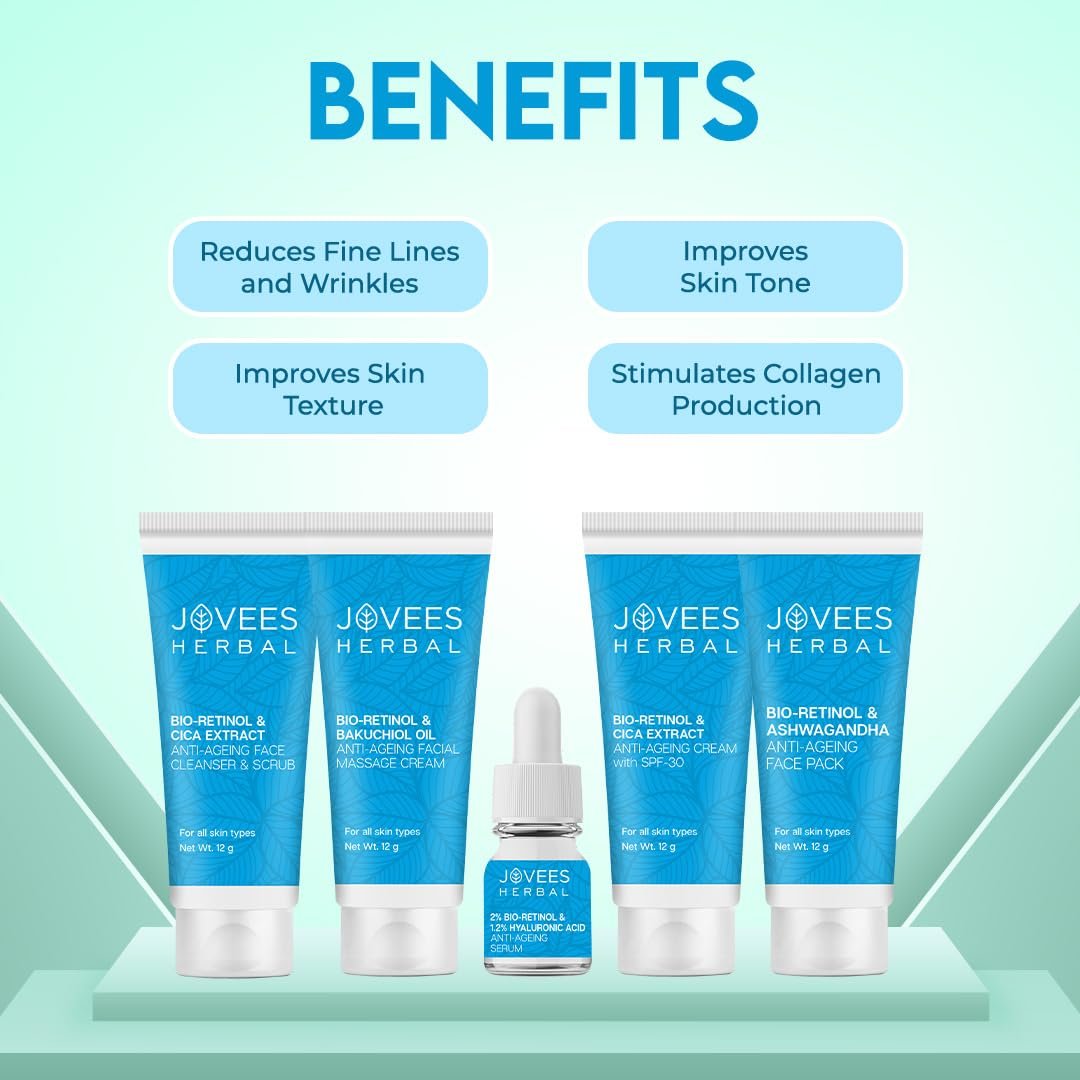 Jovees Herbal 30 Spf Bio Retinol & Cica Extract Anti Ageing Facial Kit For Ageing, Wrinkles, Fine Lines & Dark Spots With Bakuchiol Oil | 5 Step Facial Kit For All Skin Types 215g thumbnail