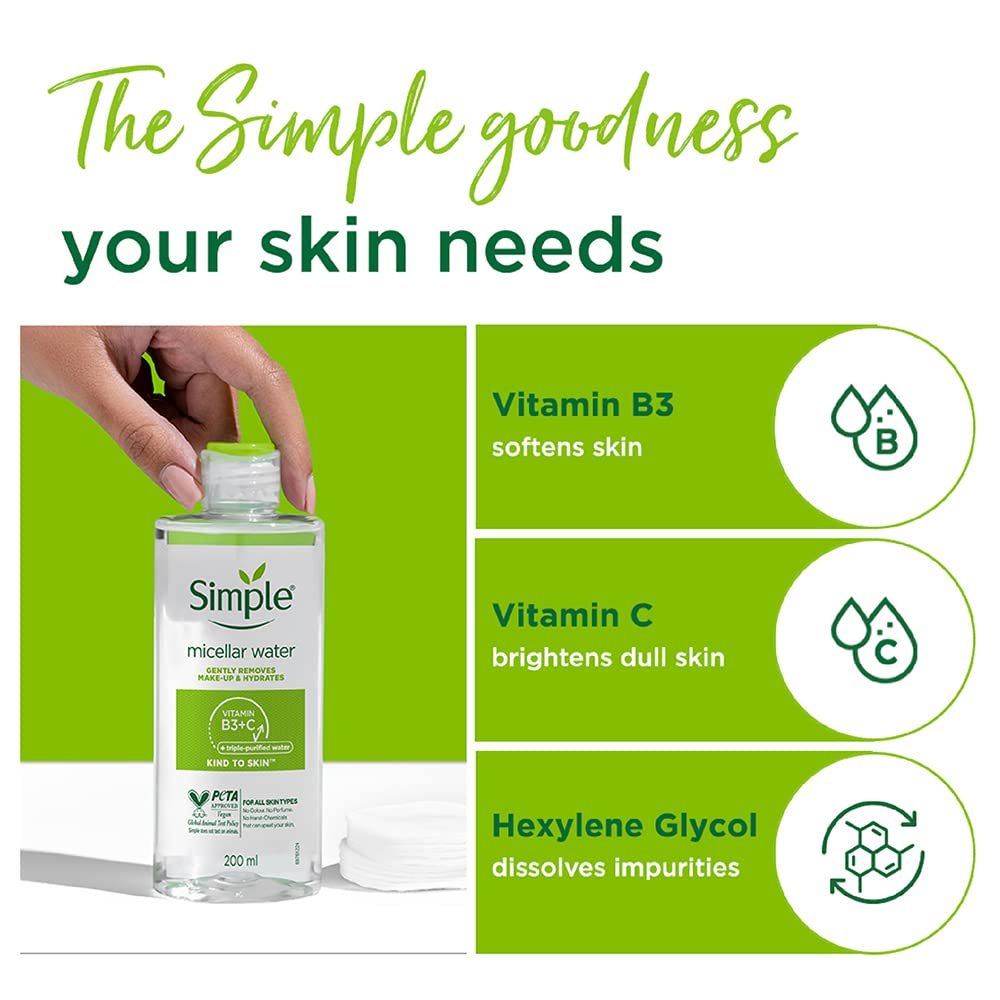 Simple Kind To Skin Micellar Cleansing Water 200 ml | Gently Removes Make-Up & Hydrates | For All Skin Types thumbnail