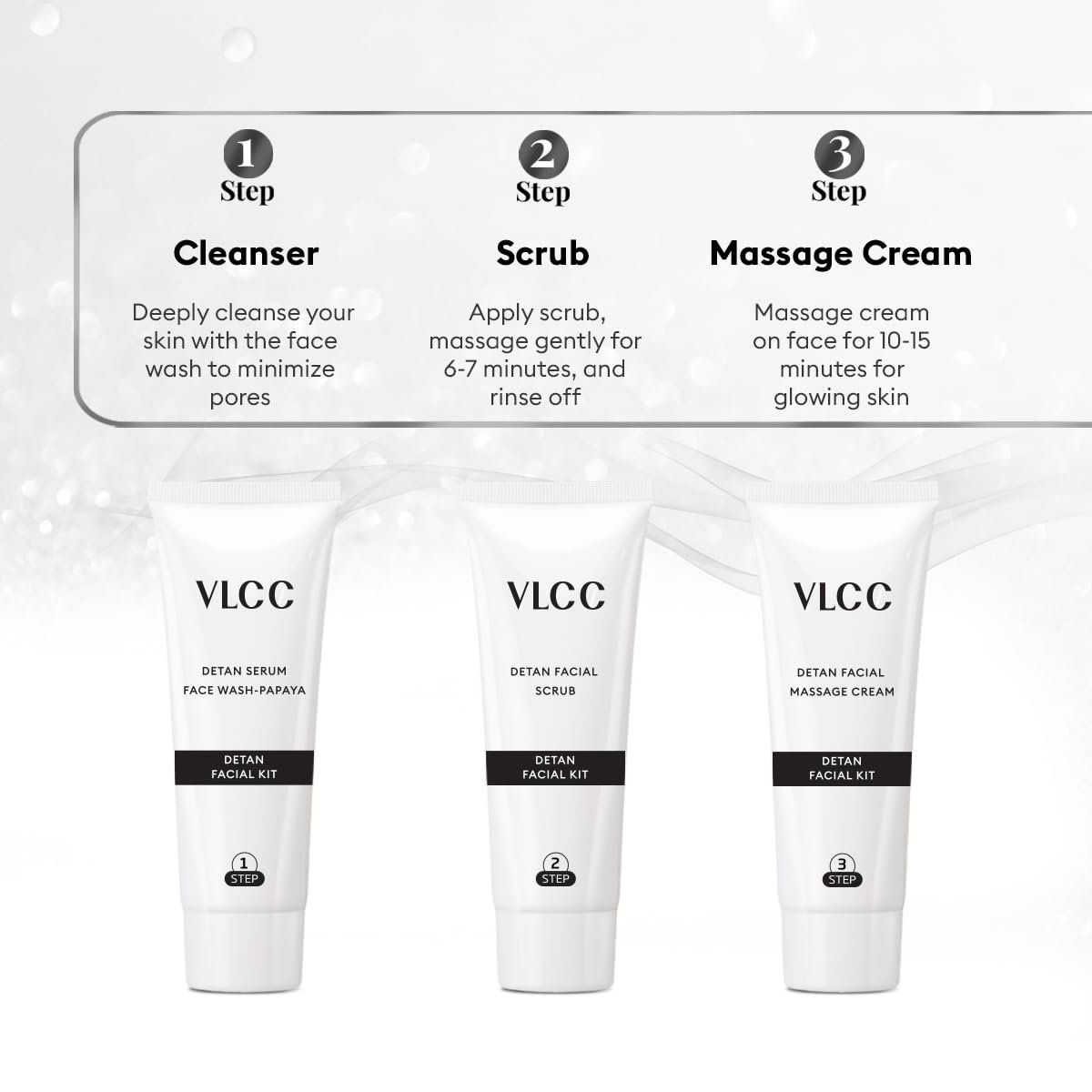 VLCC De-Tan Facial Kit - 180g (150g+30ml) | For Tan Removal | Hydrates, Helps Removes Dark Spots, Pigmentation, Pores, Blackheads & Whiteheads | With SPF 15+ Moisturizer thumbnail