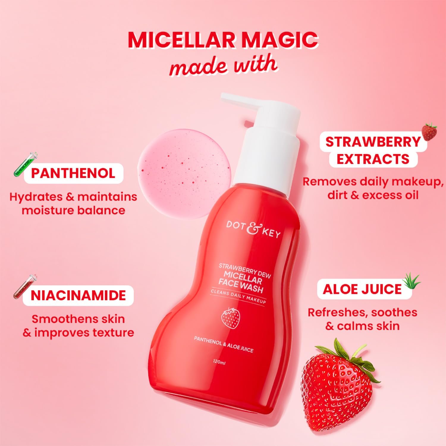 Dot & Key Strawberry Dew Micellar Face Wash, Cleanses Daily Makeup, Non-Drying & Soap-Free Formula 120ml thumbnail