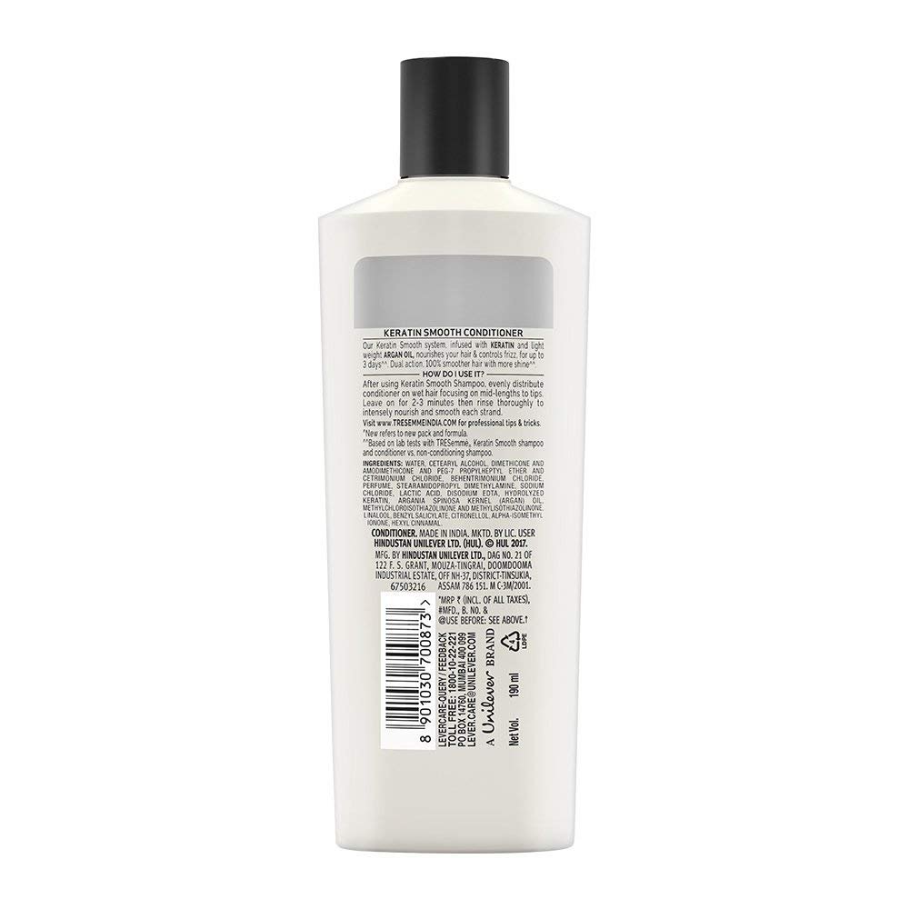 TRESemmé Keratin Smooth Anti Frizz Conditioner 190ml | 72H Frizz Control with Keratin Protein & Argan Oil | Paraben Free Hair Conditioner for Dry Frizzy Hair thumbnail