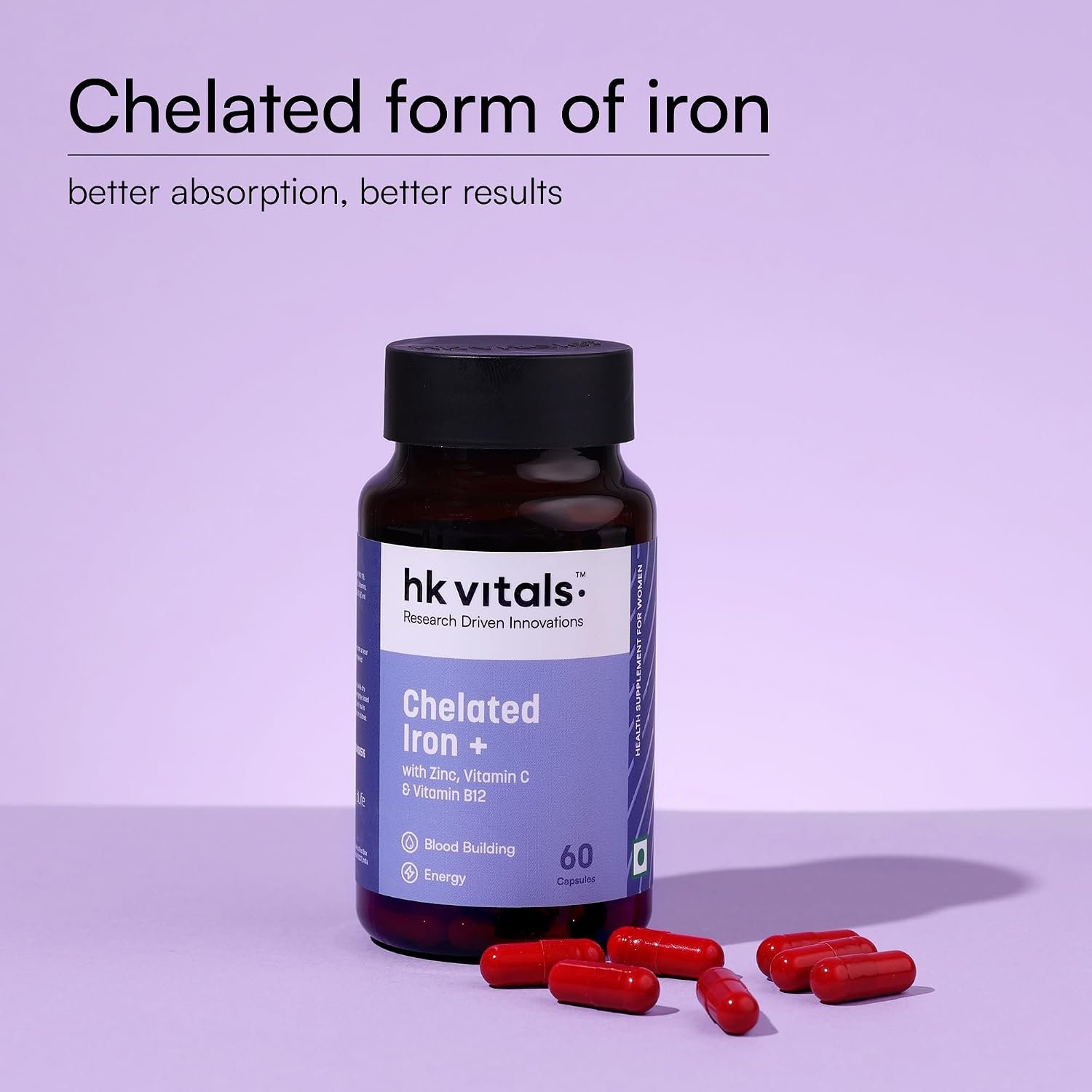 hk vitals Chelated Iron + Supplement, 60 Capsules With Zinc, Vitamin C & Vitamin B12 | Supports Blood Building, Immunity & Energy thumbnail