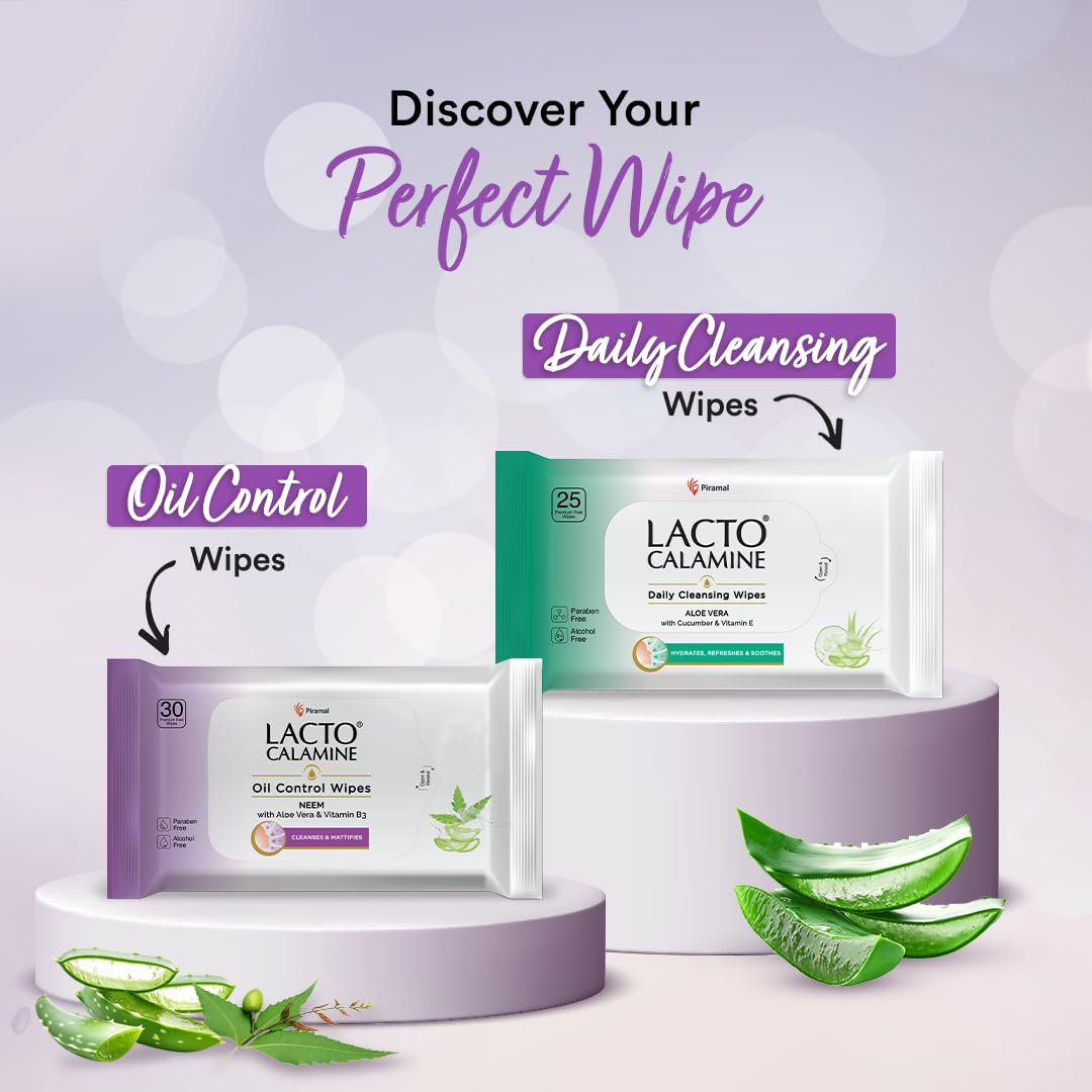 Lacto Calamine Oil Control Face Wipes 30N each- Pack of 3 | Makeup Remover Wipes | Wet Tissue for Face With Neem, Aloe Vera & Niacinamide | thumbnail