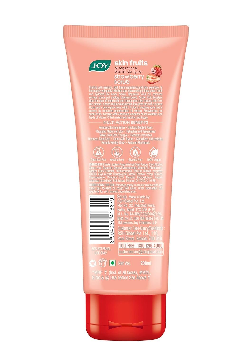 Joy Strawberry Face & Body Scrub for Blackhead Removal & Oil Control - 200gm | Exfoliating Scrub with Vitamin C, Controls Excess Oil & Removes Blemishes | 100% Vegan & Gentle on Skin thumbnail