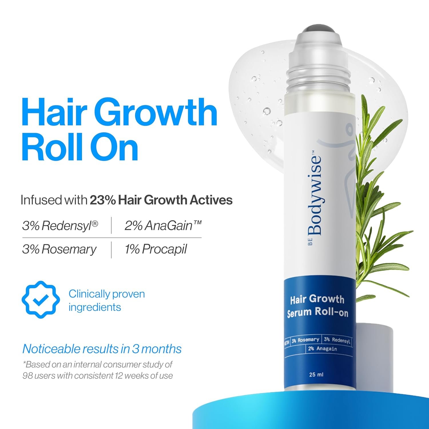 Be Bodywise Rosemary Hair Growth Serum (Roll On) | 3% Redensyl & 2% Anagain | Hair fall control serum for Women & Men | Promotes Hair Growth & Stimulates Hair Follicles | 25ml thumbnail