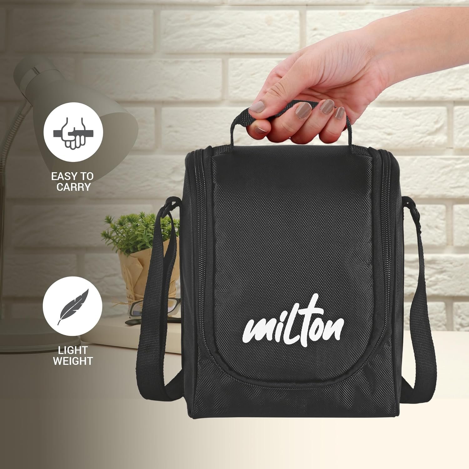 MILTON Pro Lunch Box with Steel Cutlery, 3 Microwave Safe Inner Steel Containers (180ml, 320ml, 450ml) Plastic Chutney Dabba 100ml, Bottle 750ml with Insulated Bag, Office Tiffin, Black thumbnail