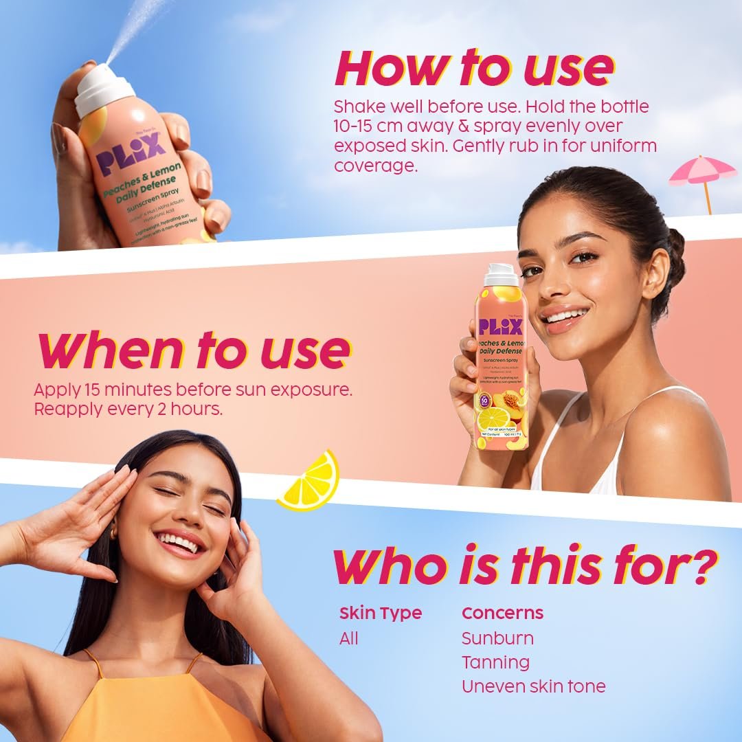PLIX THE PLANT FIX Peaches & Lemon Daily Defence Sunscreen Spray With New-Age UV Filters | In Vivo Tested SPF 50 PA++++ | Lightweight Body Sunscreen Spray thumbnail