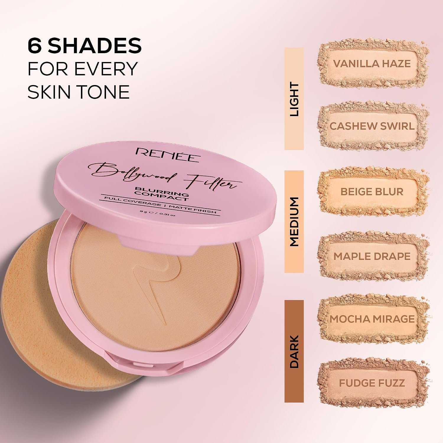RENEE Bollywood Filter Blurring Compact - Maple Drape | Pore Minimising, Matte Finish, Full Coverage, Rich Pay-off | Blurs Pores & Blemishes | 9g thumbnail