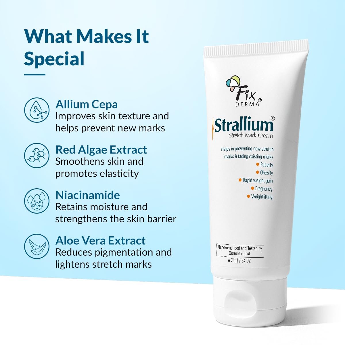 Fixderma Strallium Stretch Mark Cream, Removes Pregnancy stretch marks, Scar removal and Moisturizing Cream, Stretch mark remover for Stomach, thighs & all body parts- 75g thumbnail