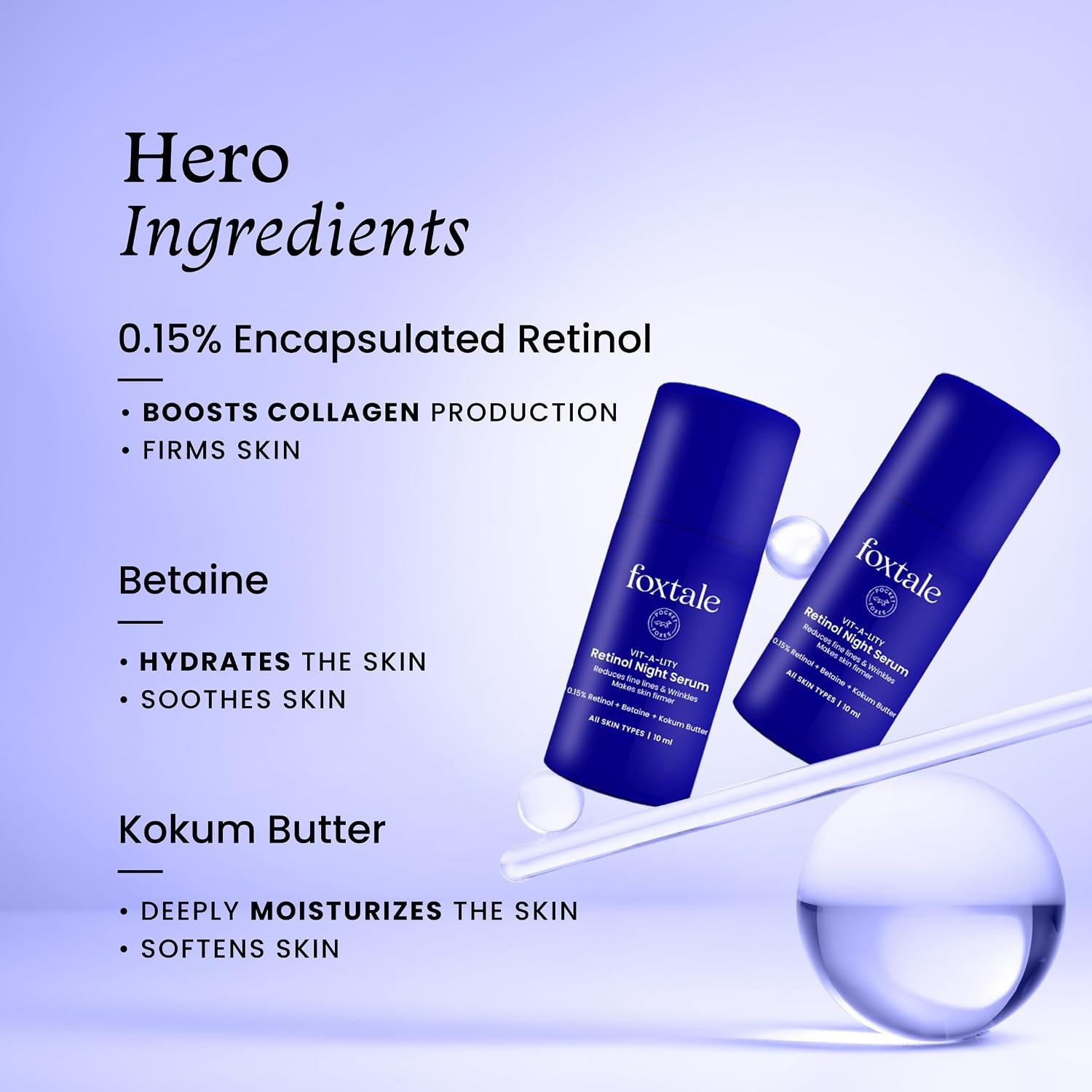 Foxtale 0.15% Beginner Friendly Retinol Night Serum | Anti-Aging Night Cream | Reduces Fine Lines and Wrinkles | No Purging | For Younger-looking Skin | Men & Women | All Skin Types - 10 ml thumbnail