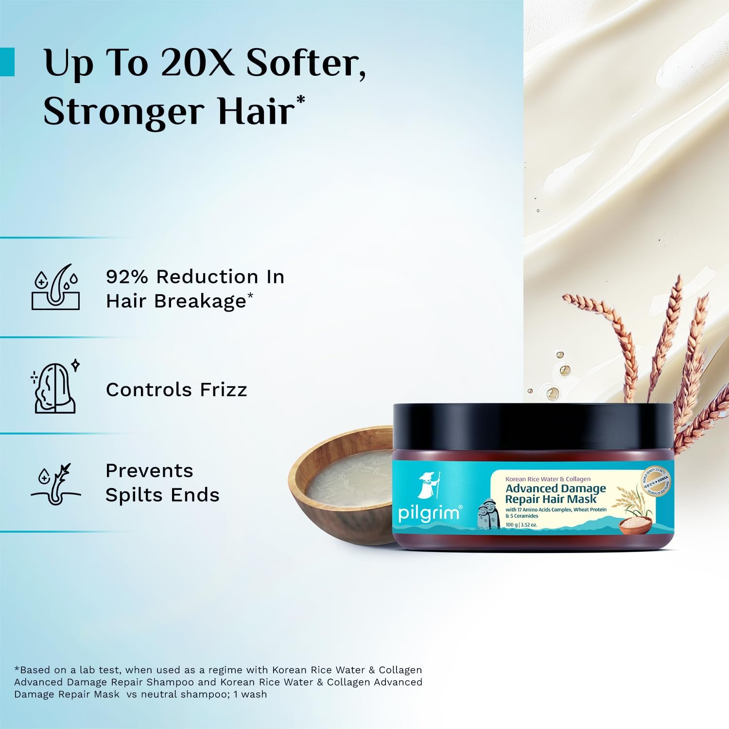 Pilgrim Unscented Korean Rice Water & Collagen Advanced Damage Repair Mask - 100ml|Deep Repair for Dry,Frizzy & Damaged Hair|With 17 Amino Acids,Wheat Protein & Ceramides|Paraben-Free thumbnail