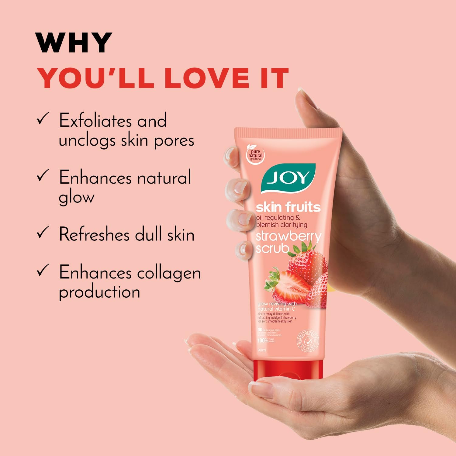 Joy Strawberry Face & Body Scrub for Blackhead Removal & Oil Control - 200gm | Exfoliating Scrub with Vitamin C, Controls Excess Oil & Removes Blemishes | 100% Vegan & Gentle on Skin thumbnail