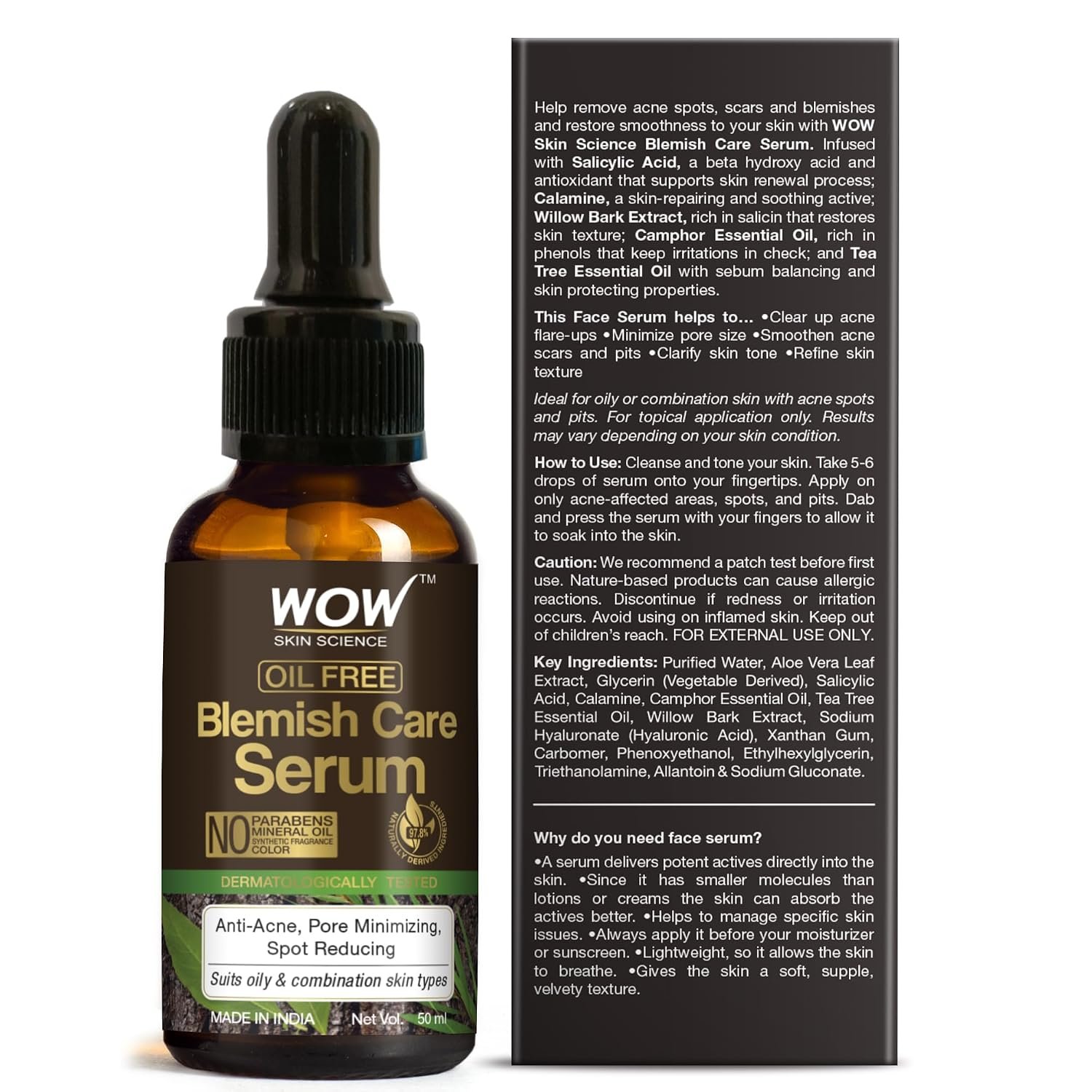 WOW Skin Science Blemish Care Serum - OIL FREE - Anti Acne, Spot Reducing - No Parabens, Silicones, Synthetic Fragrance & Color - 50ml thumbnail