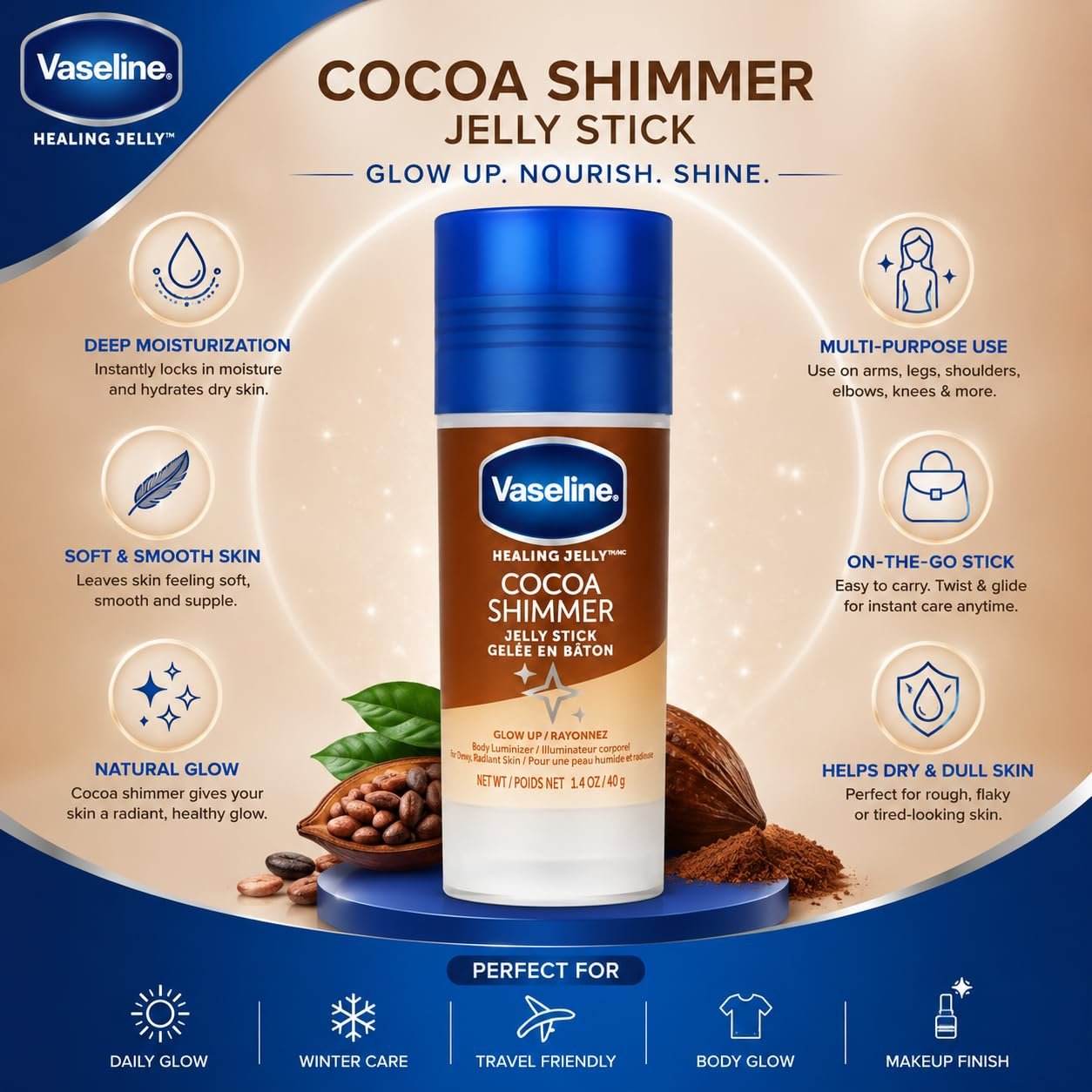 Vaseline Cocoa Shimmer Jelly Stick 40g | Hydrating Body Glow Balm for Radiant Shimmering Skin | Portable Moisture Stick thumbnail