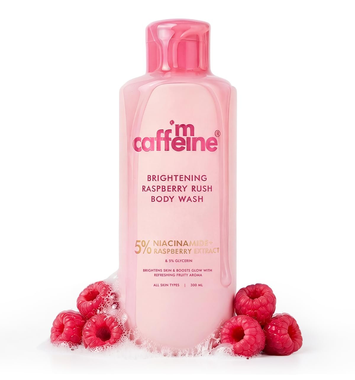 mCaffeine Brightening Body Wash - 5% Niacinamide & Raspberry | Summer Body Wash for Dry Skin | Vitamin C & Glycerin Hydration | Fruity Shower Gel - 300ml