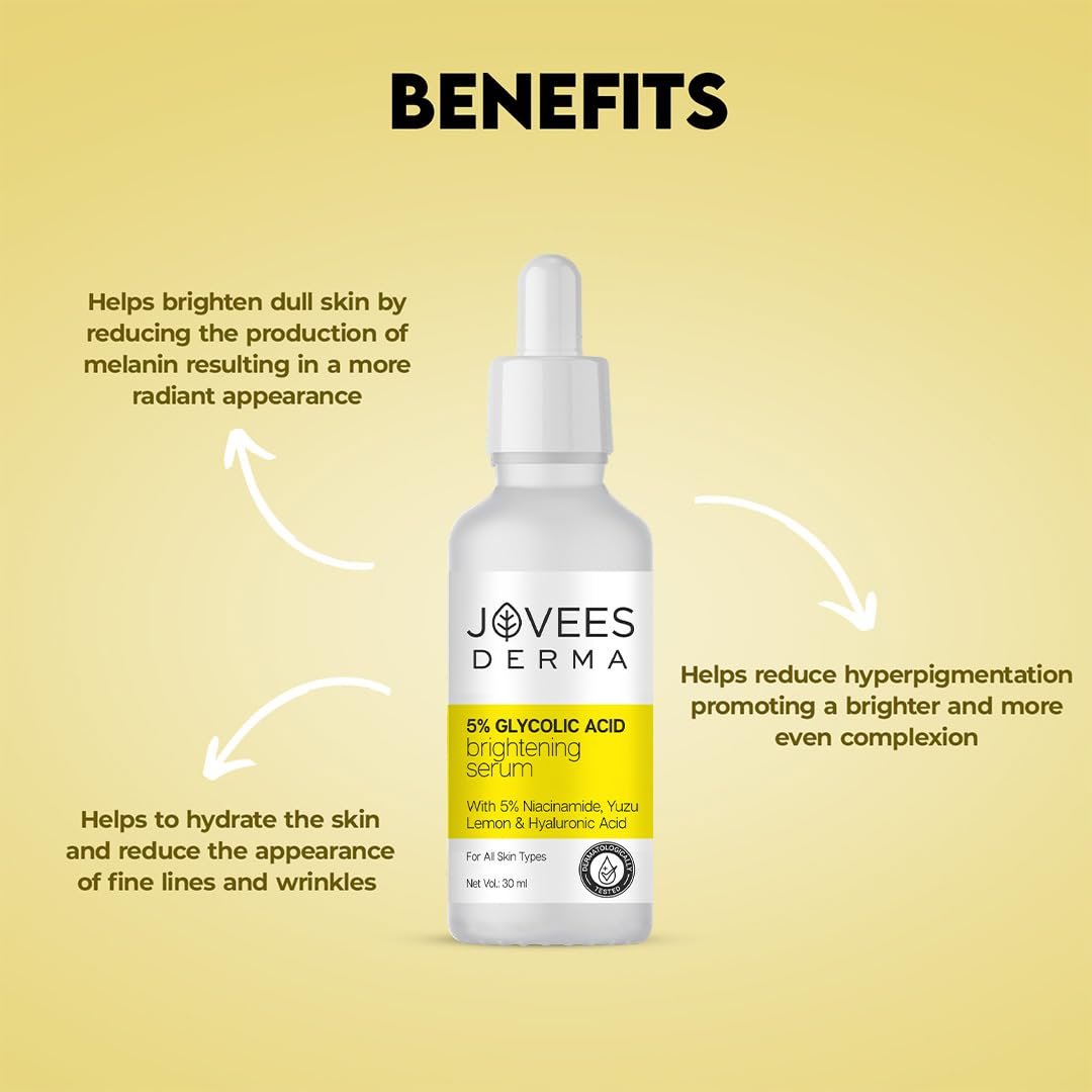 Jovees Herbal 5% Glycolic Acid Brightening Serum With 5% Niacinamide Yuzu Lemon & Hyaluronic Acid | Improves Skin Texture & Uneven Skin | For All Skin Types | 30 ml thumbnail