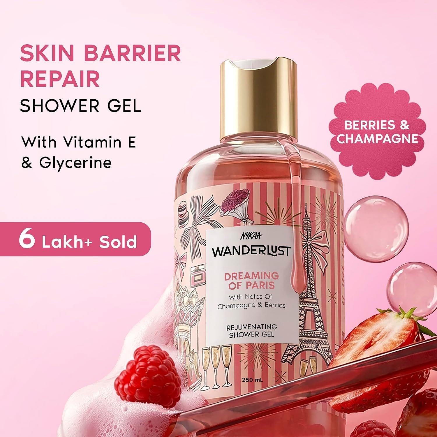 Nykaa Wanderlust Dreaming of Paris Fruity Perfume Body Wash, Champagne & Berries, Barrier Repair & Hydrating Shower Gel for Smooth & Soft Skin, Long-lasting Fragrance, No Paraben thumbnail