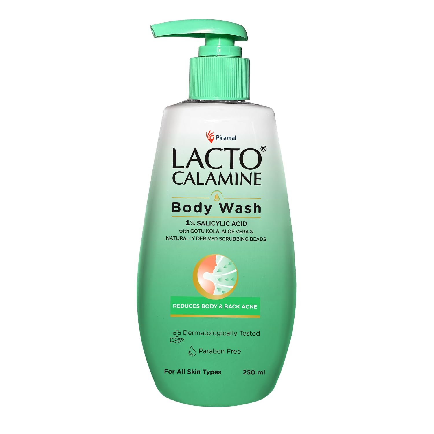 Lacto Calamine 1% Salicylic Acid Body Wash | 250ml | For Body Acne, Back Acne, Rough & Bumpy Skin |Cica, Aloe Vera, Turmeric & Natural Scrub Beads | Paraben Free | thumbnail