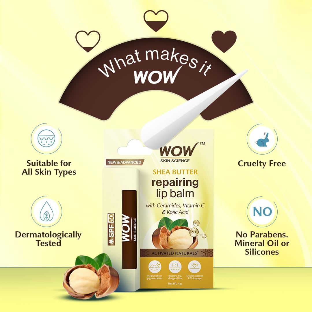 WOW Skin Science Shea Butter & Ceramides Repairing Lip Balm With Spf 50 Brightening Lip Balm For Pigmentation | With Vitamin C & Kojic Acid | 4G Brown thumbnail