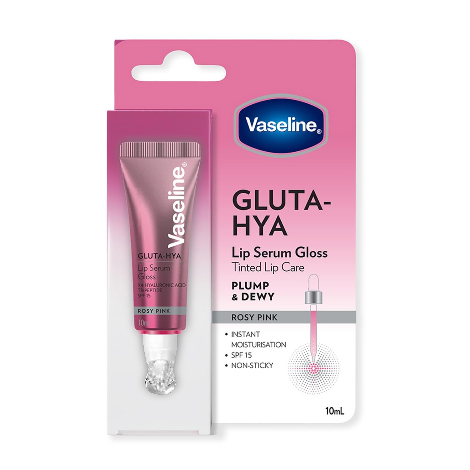 Vaseline Gluta-Hya Rosy Pink Lip Gloss, Serum Lip Care with Hyaluronic Acid and GlutaGlow Technology, Tints, Plumps and Protects with SPF15 for Plumper Lips | 10 ml thumbnail