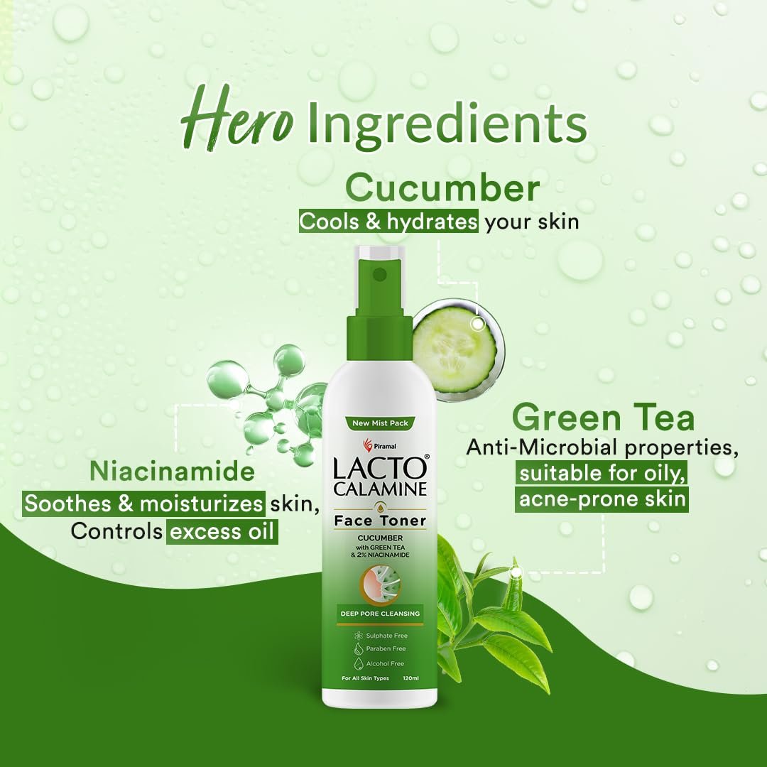 Lacto Calamine Face Toner With Cucumber | 120ml | Deep Pore Cleansing | Open Pores Tightening with Green Tea & 2% Niacinamide For Cool & Hydrated Skin | thumbnail