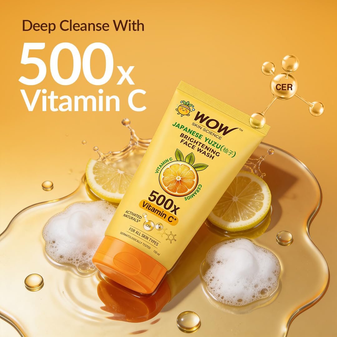 WOW Skin Science Japanese Yuzu + Vitamin C with Ceramide Brightening Face Wash | 500x Vitamin C | For Strengthened Glowing Skin | Paraben-Free Gentle Cleanser with Orange Peel & Camu Camu | thumbnail