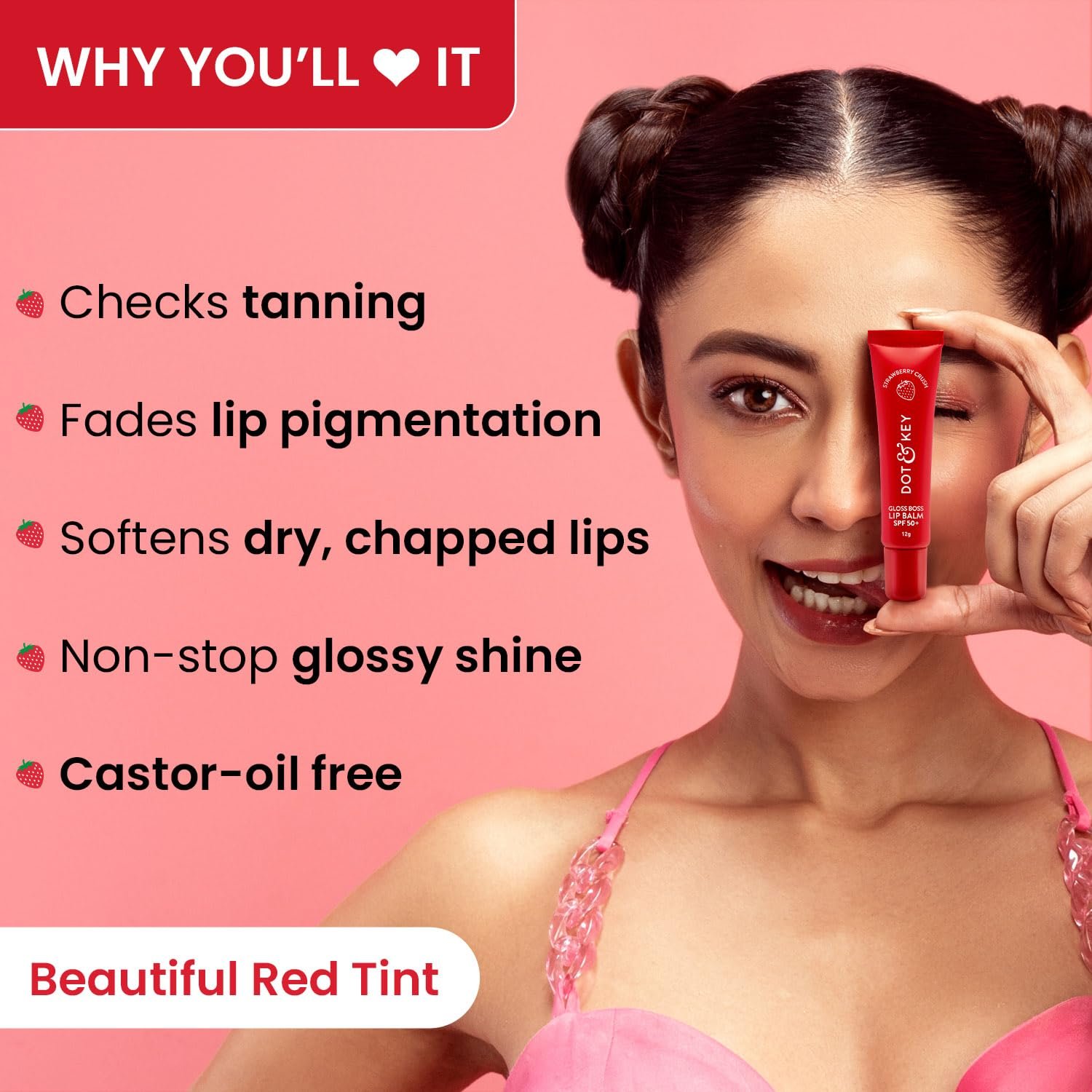 Dot & Key Strawberry Lip Balm (12gm) for Moisturization | Soft and Naturally Brightens Lips |Tinted Lip Balm with SPF 50 & Vitamin C + E | Lipbalm for Dry & Dark Lips thumbnail