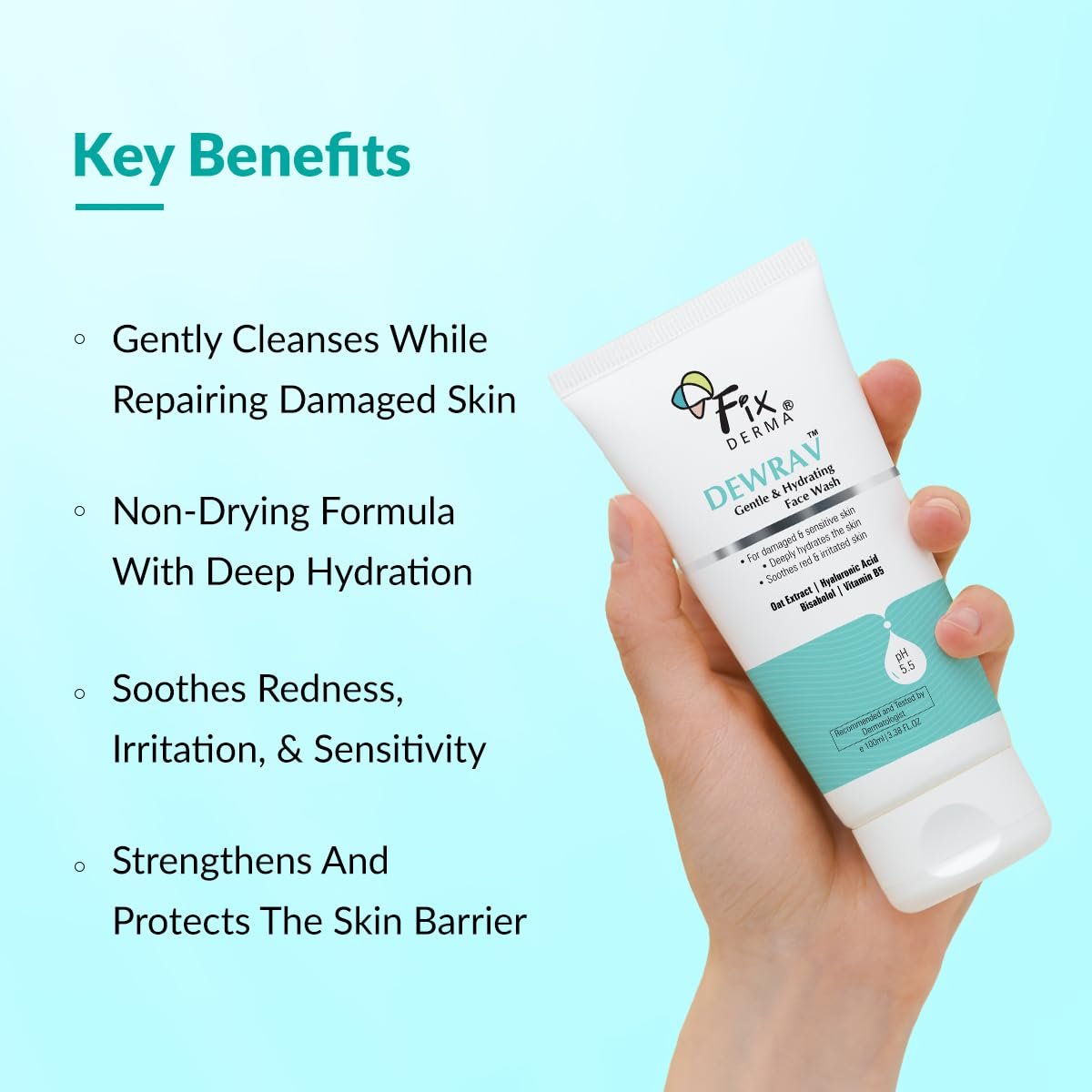 Fixderma Dewrav Gentle & Hydrating Face Wash with 6% Oats Extract, Hyaluronic Acid & Vitamin B5, Soothes Irritated Skin, Provides Hydration, Face Cleanser For Sensitive, 100ml thumbnail