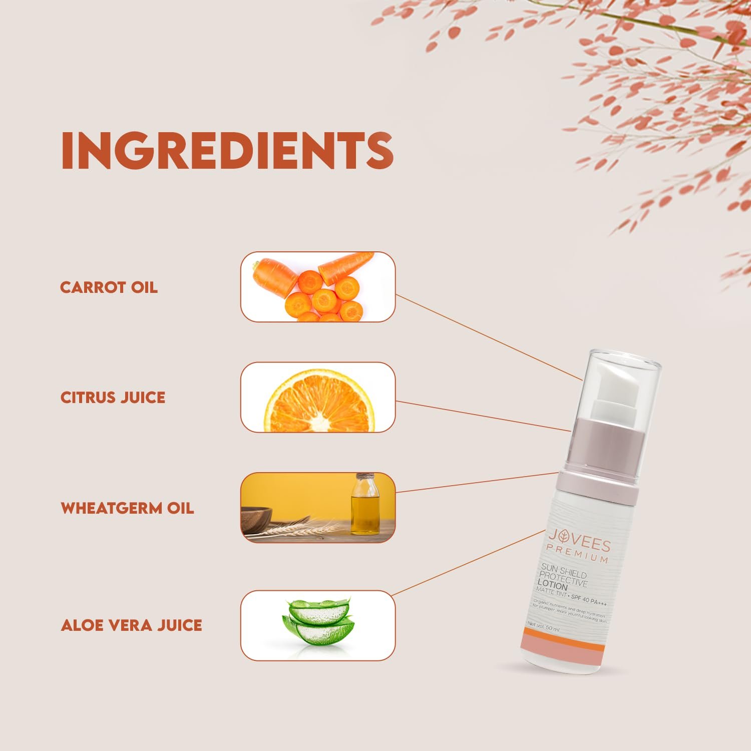 Jovees Sunscreen Sensitive Skin Premium Sun Shield Protective Lotion SPF 40 | Broad Spectrum PA+++ | Matte Tint | Infused with Organic Extracts | Lightweight Sunscreen For Men/Women- 50ML thumbnail