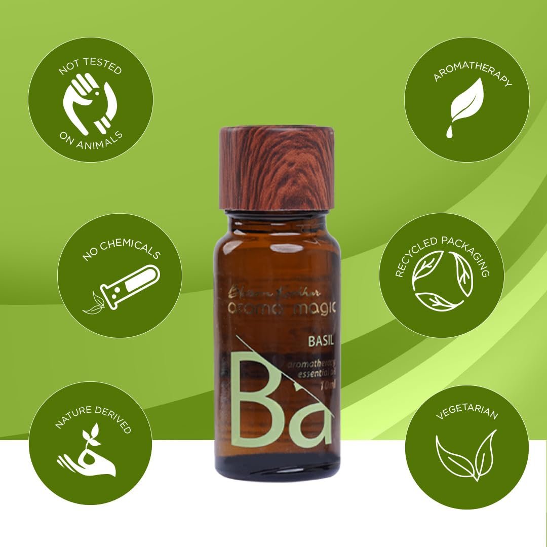 Aroma Magic Basil Essential Oil – 100% Pure Ocimum Basileus | Relieves, Calms Nerves | Natural Remedy for Acne, Cold, & Stress – 10ml thumbnail