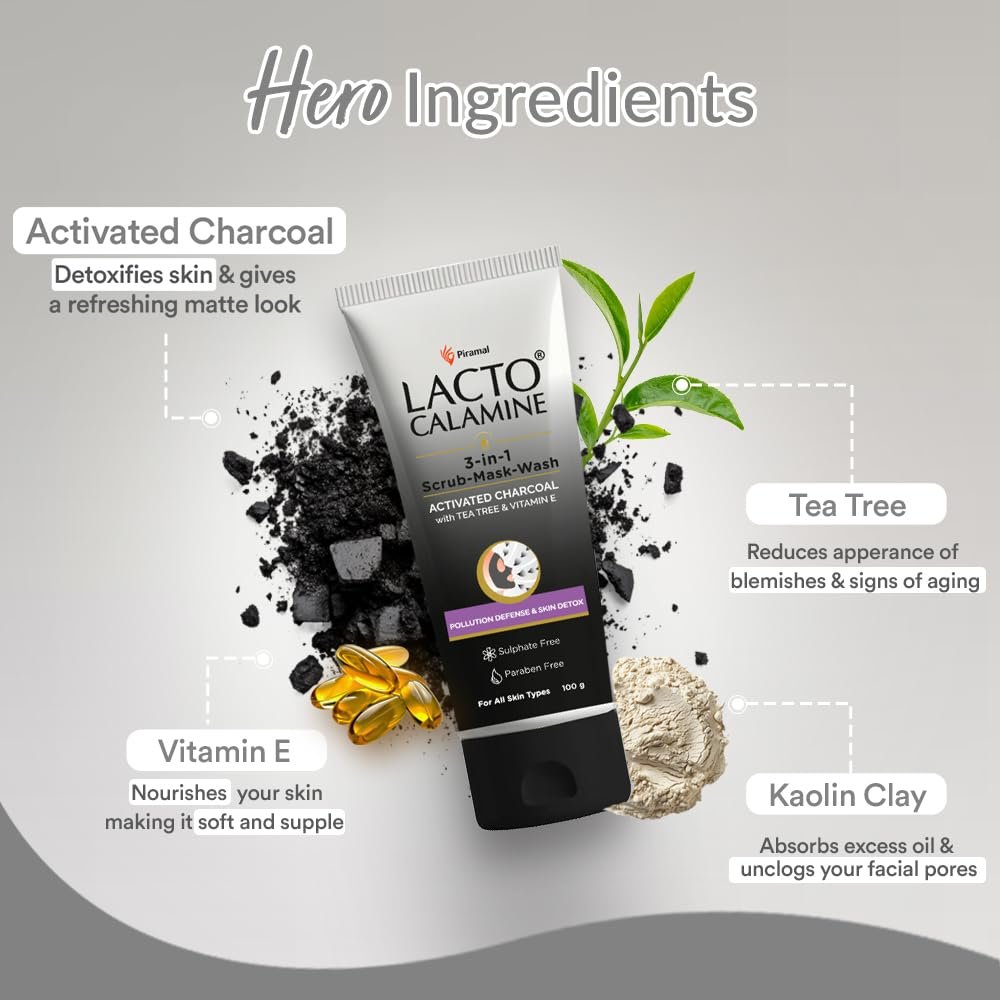 Lacto Calamine 3-in-1 Charcoal Face Scrub-Mask-Wash for Pollution Defence | 100 ml x 1 | Multi-action Encapsulated Charcoal Face Wash, Face Scrub thumbnail