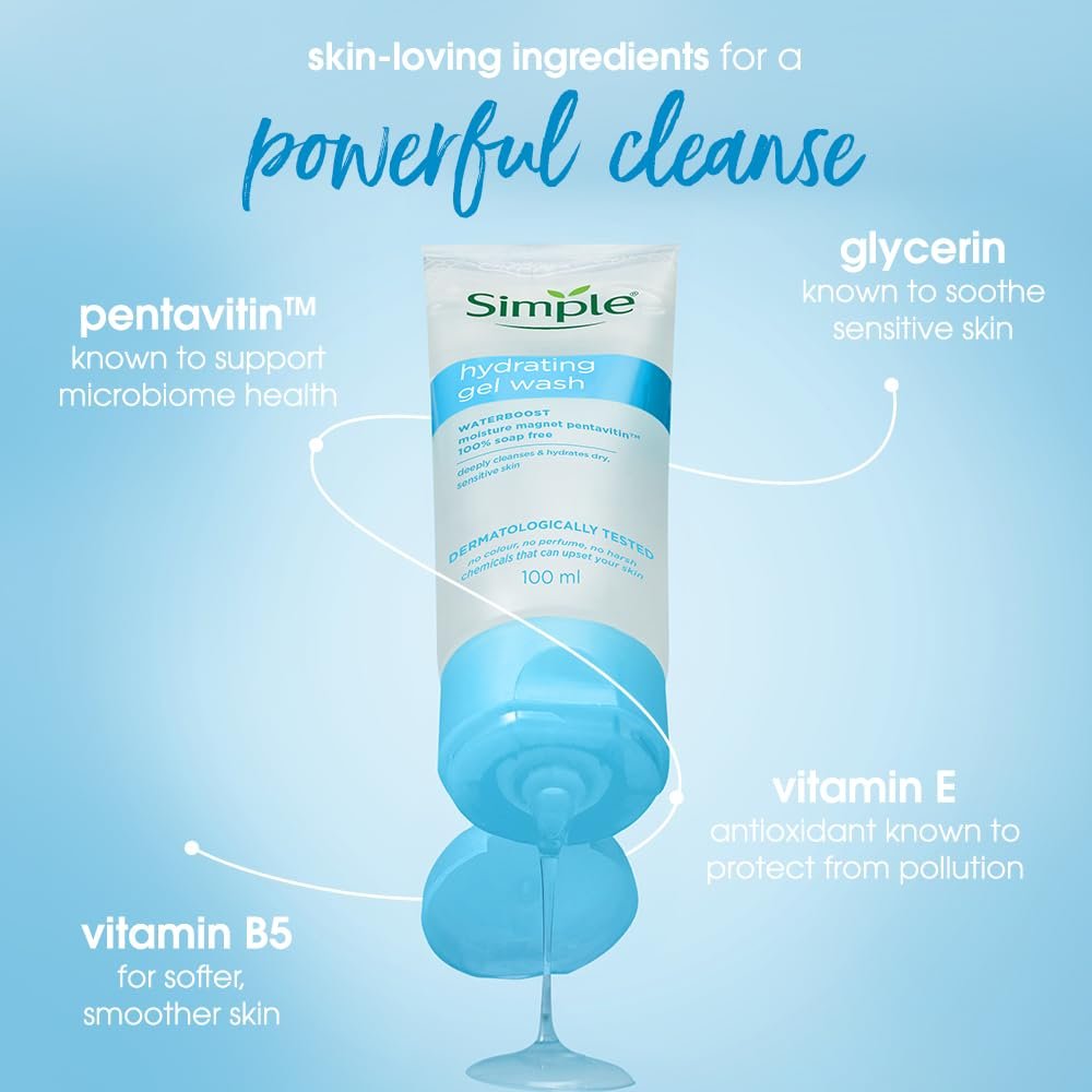 Simple Hydrating Gel Wash| 100% Soap Free | Gentle Hydrating Facewash with Pentavitin & Panthenol | Cleanser for Dry Sensitive Skin, 100 ml thumbnail