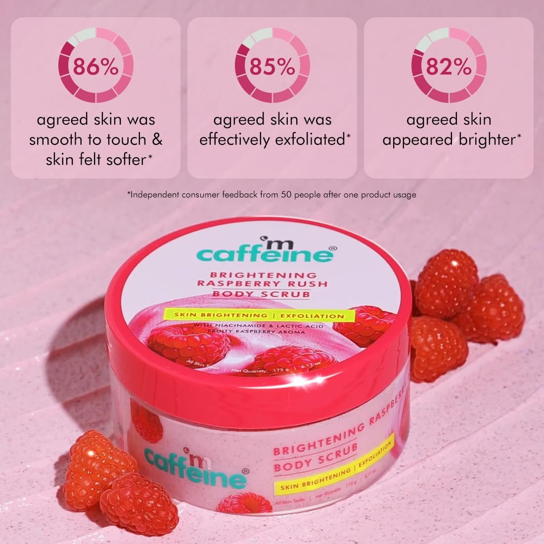 mCaffeine Brightening Raspberry Body Scrub | Tan Removal | AHAs - Lactic & Glycolic Acid, Niacinamide | Vitamin C Rich for Brighter, Soft Skin | Remove Dry, Dead Skin | 175g thumbnail