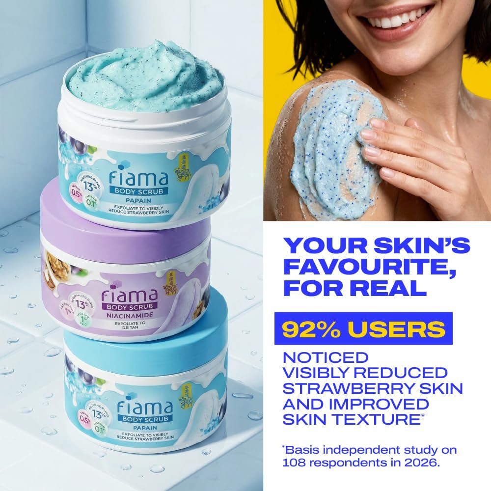Fiama Strawberry Skin Exfoliating Body Scrub 200g, 0.5% Papain Enzyme + 0.1% Caffeine, Chemical + Physical Exfoliation, 13% Polishing Blend, Reduces Keratosis Pilaris, Refreshing Aqua Fragra thumbnail