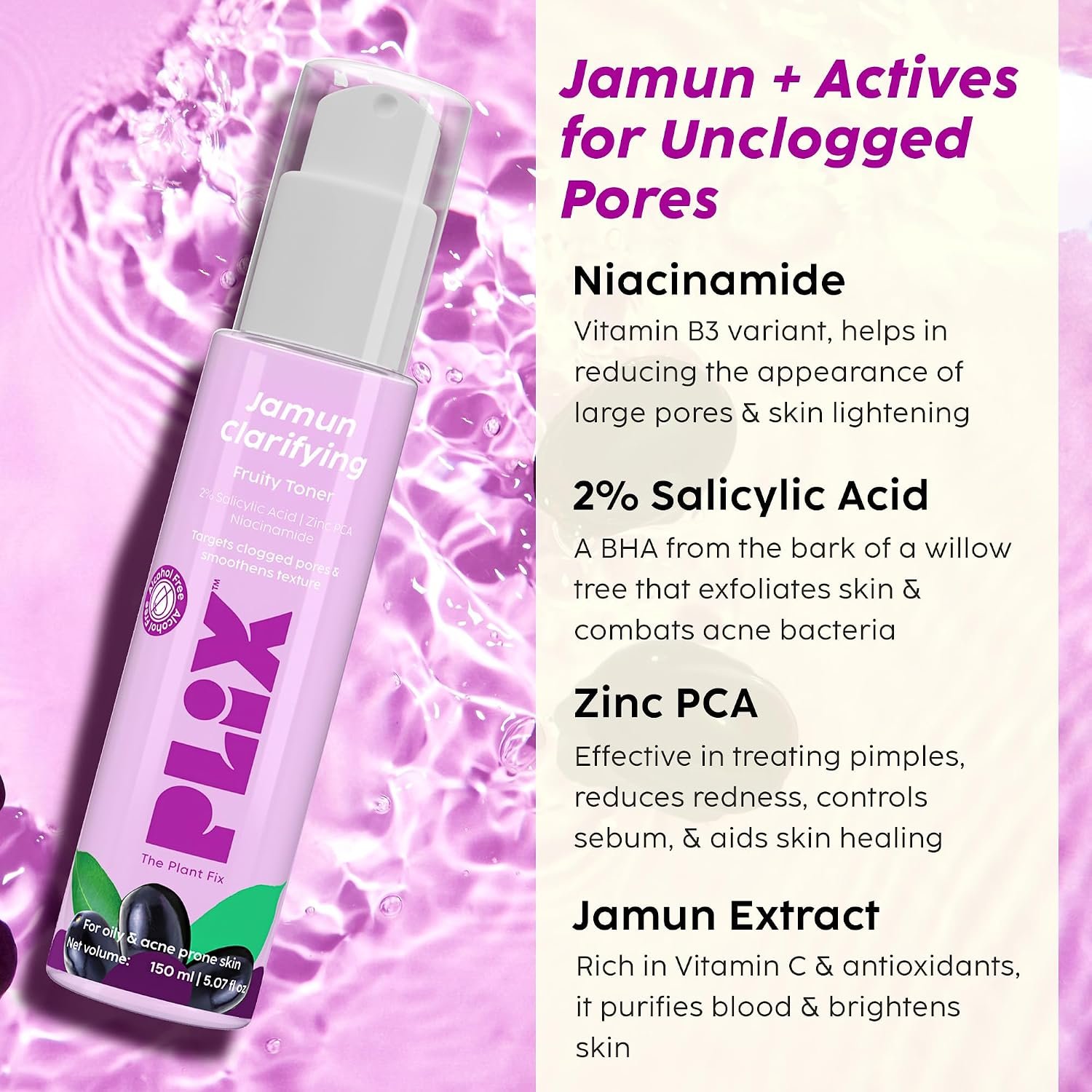 PLIX - THE PLANT FIX Jamun Clarifying Fruity Toner (150 Ml)|With Niacinamide & Jamun Extract|Targets Clogged Pores & Smoothens Skin|For Oily & Acne Prone Skin|Alcohol Free, For Women & Men thumbnail