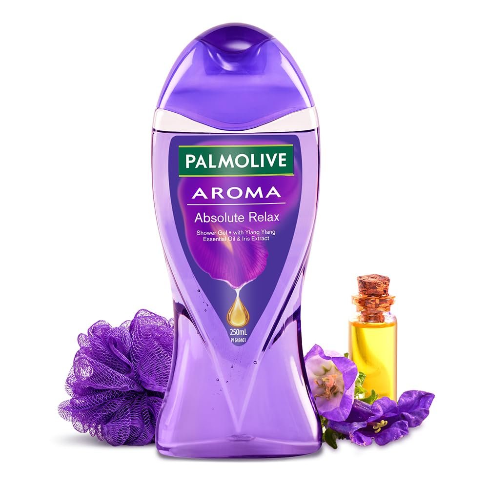 Palmolive Aroma Absolute Relax Body Wash, 250ml Shower Gel Single Bottle with a Free Loofah, 100% Natural Ylang Ylang Essential Oil & Iris Extracts for a Soft and Smooth Skin